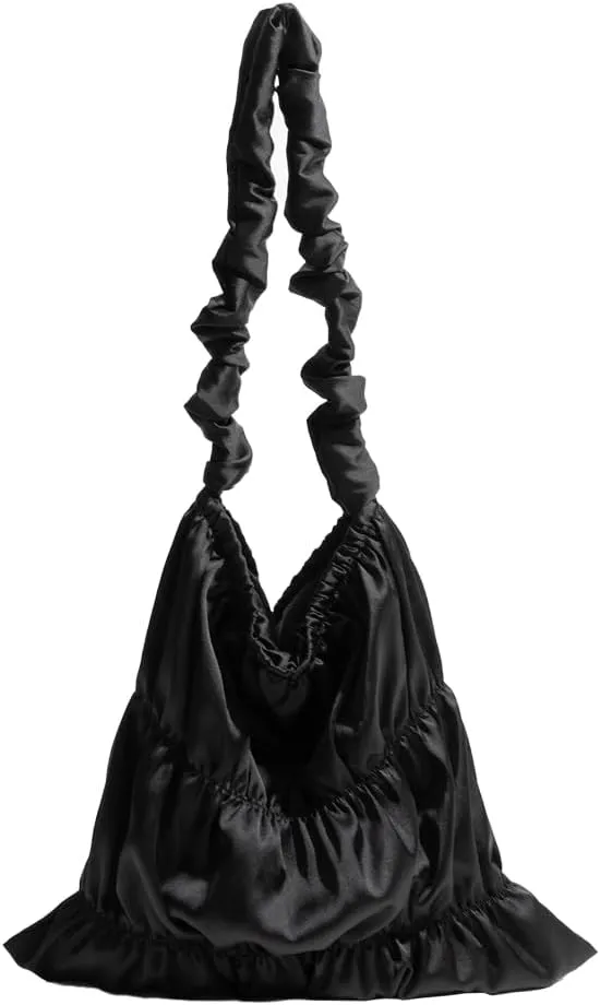 Women Elegant Satin Large Capacity Pleated Shoulder Bag Cute Lace Up Design Underarm Crossbody Bag Aesthetic Tote Bag