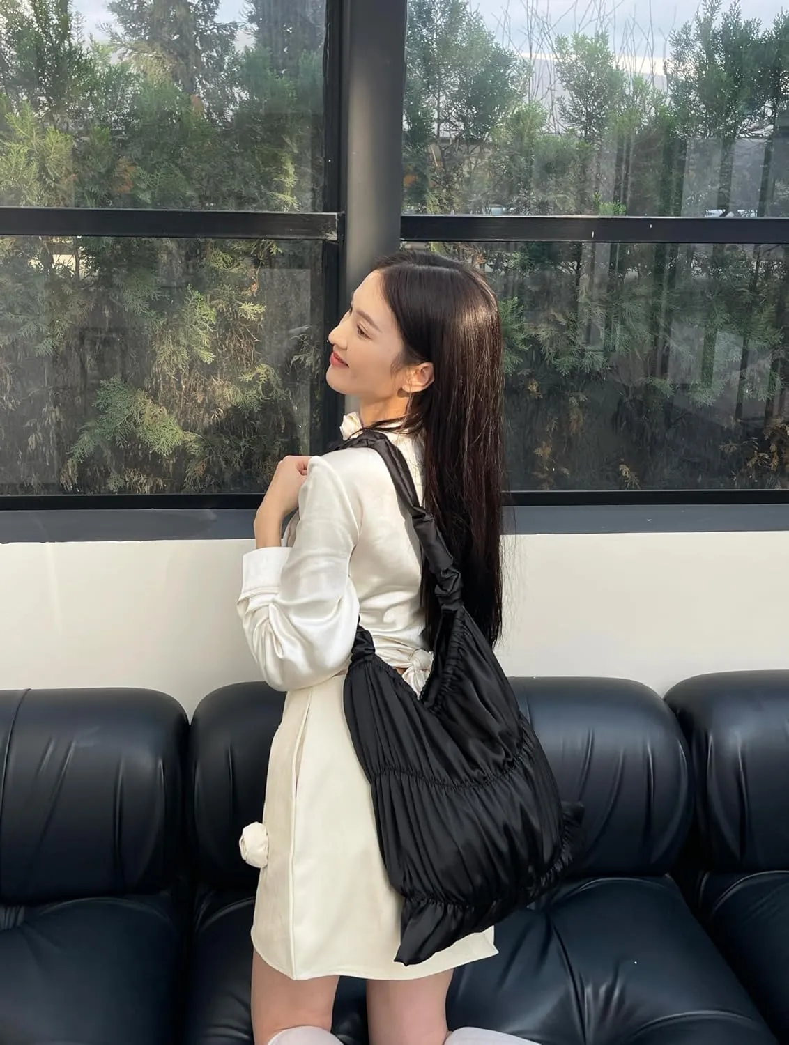 Women Elegant Satin Large Capacity Pleated Shoulder Bag Cute Lace Up Design Underarm Crossbody Bag Aesthetic Tote Bag