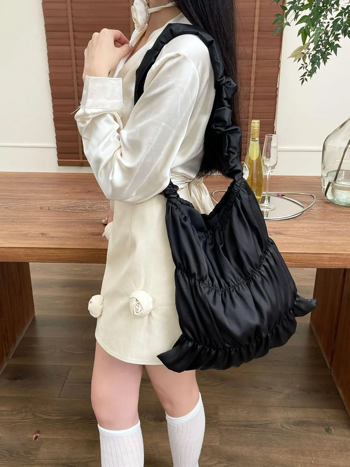 Women Elegant Satin Large Capacity Pleated Shoulder Bag Cute Lace Up Design Underarm Crossbody Bag Aesthetic Tote Bag