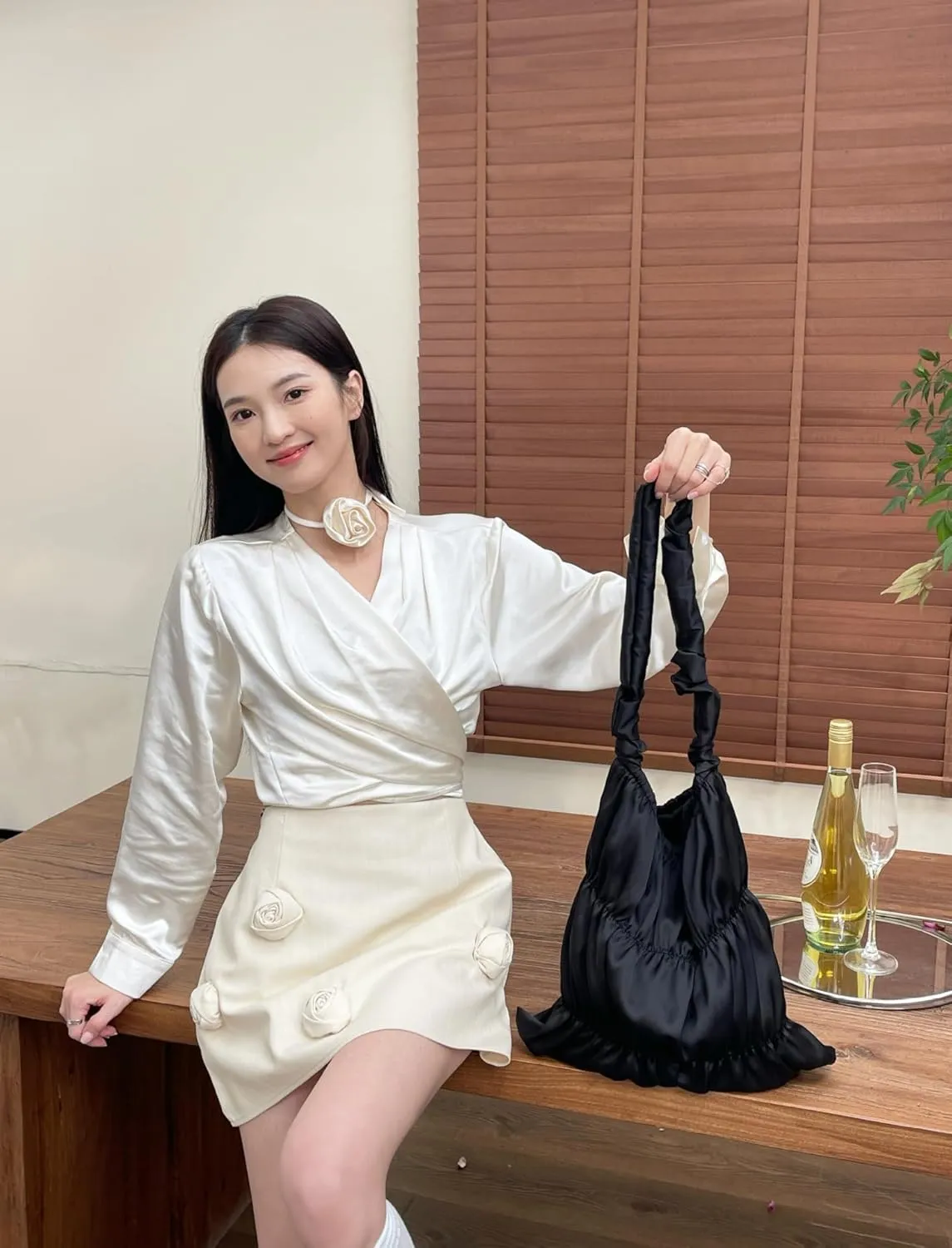 Women Elegant Satin Large Capacity Pleated Shoulder Bag Cute Lace Up Design Underarm Crossbody Bag Aesthetic Tote Bag