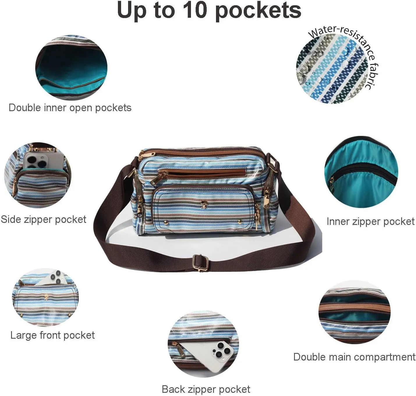 Women Fashion Tote Crossbody Handbags for Women Multi Pockets Shoulder Bag Nylon Travel Purse