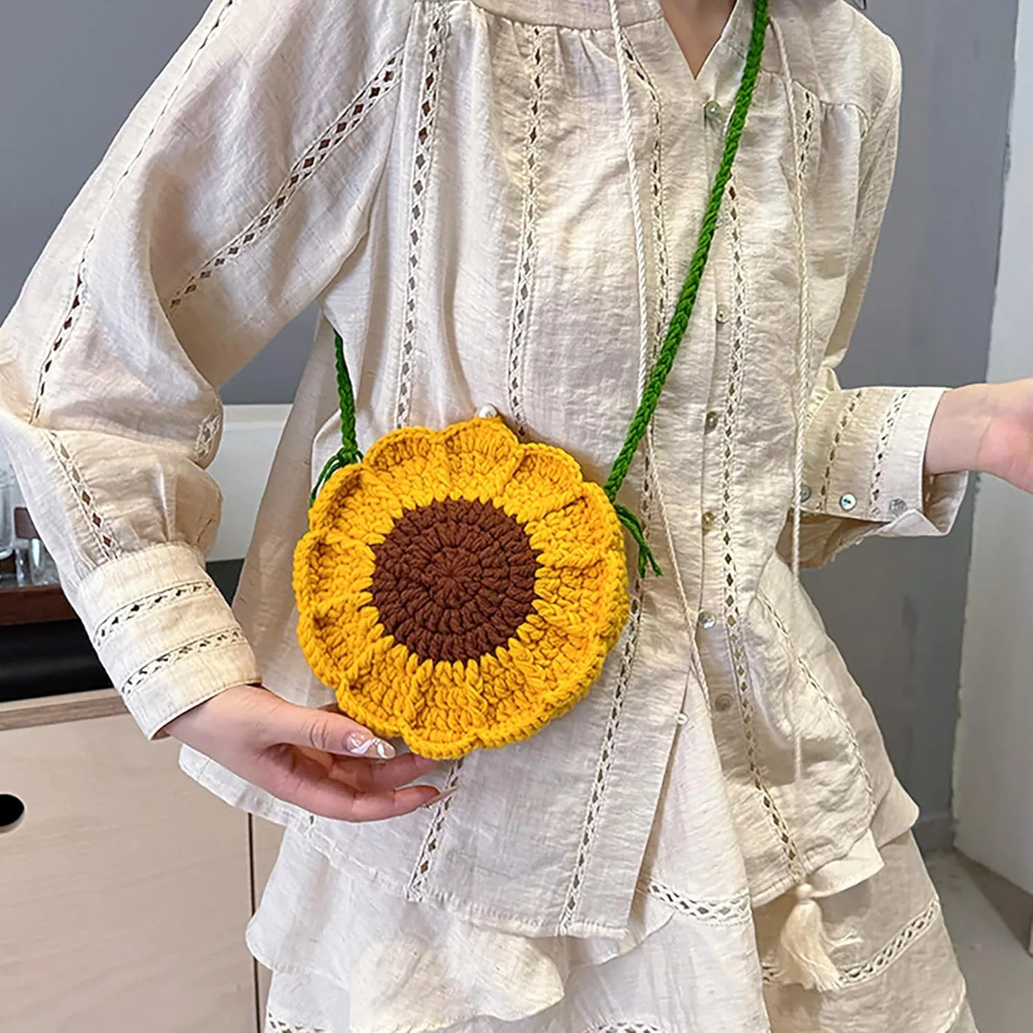 Women Girls Mini Flower Cotton Crochet Crossbody Shoulder Bag Handbag Purse