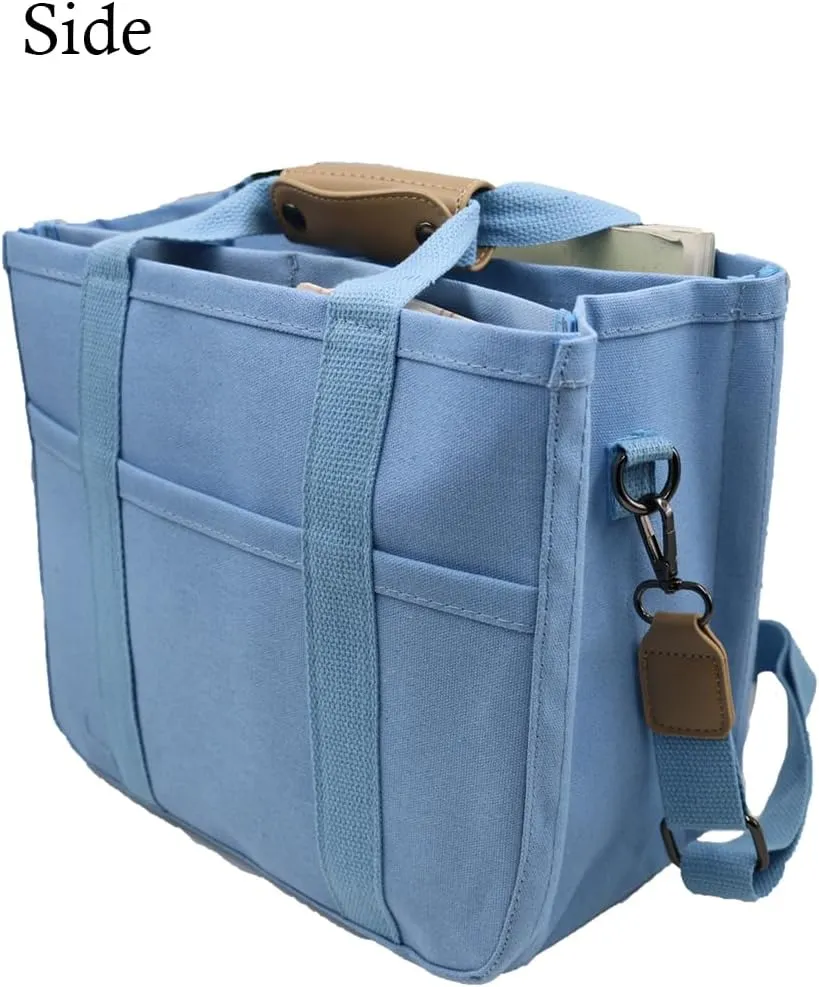 Women Multi-pocket Canvas Tote Bag Large Capacity Shoulder Crossbody Handbag With Compartments