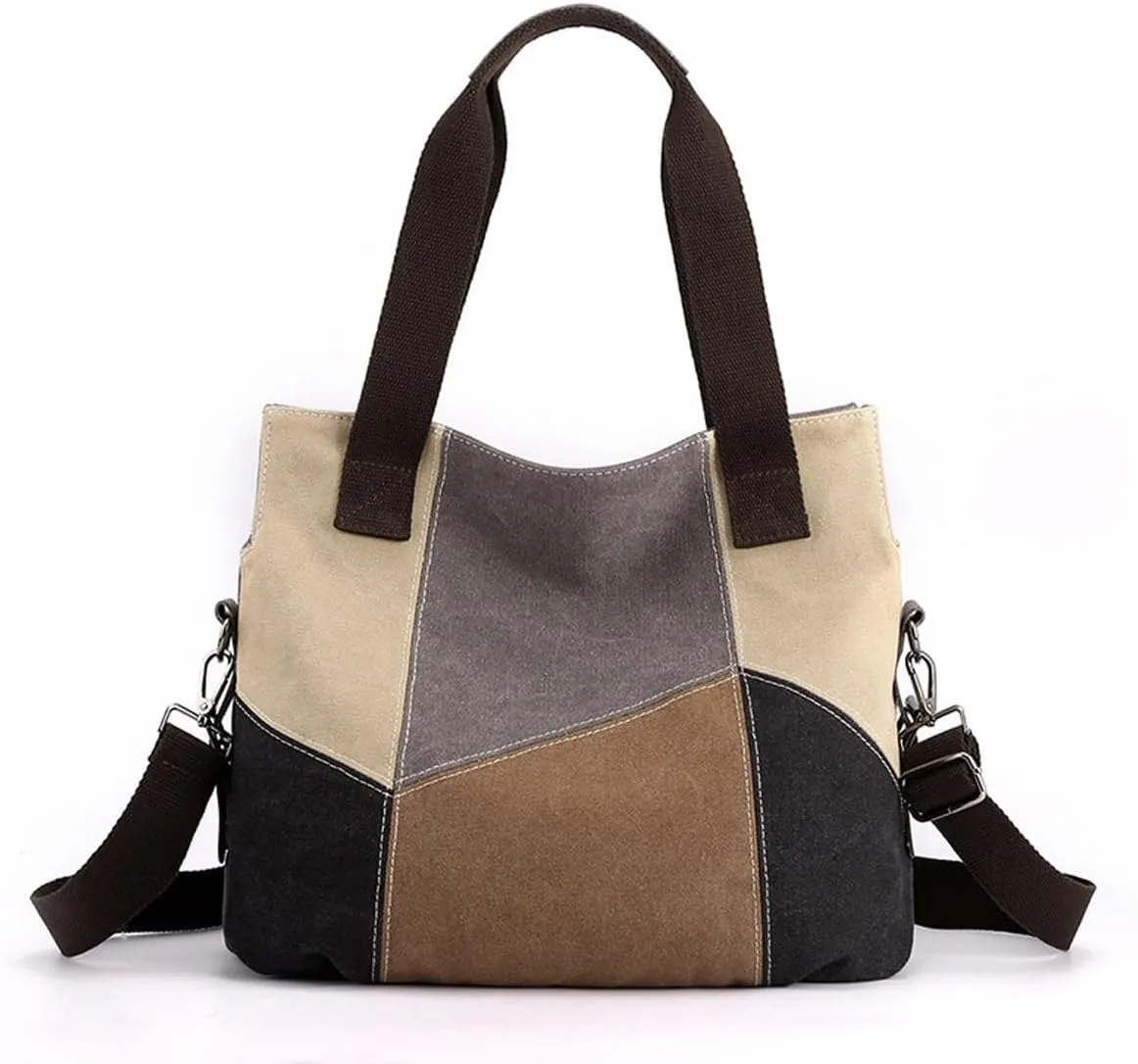 Women's Canvas Tote Handbags - Patchwork Crossbody Shoulder Bag with Top Handle - Casual Color Canvas Bag