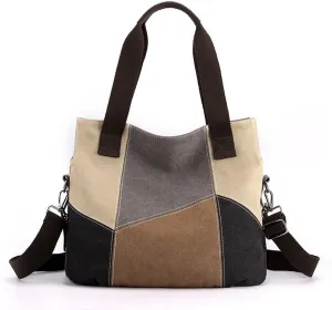 Women's Canvas Tote Handbags - Patchwork Crossbody Shoulder Bag with Top Handle - Casual Color Canvas Bag