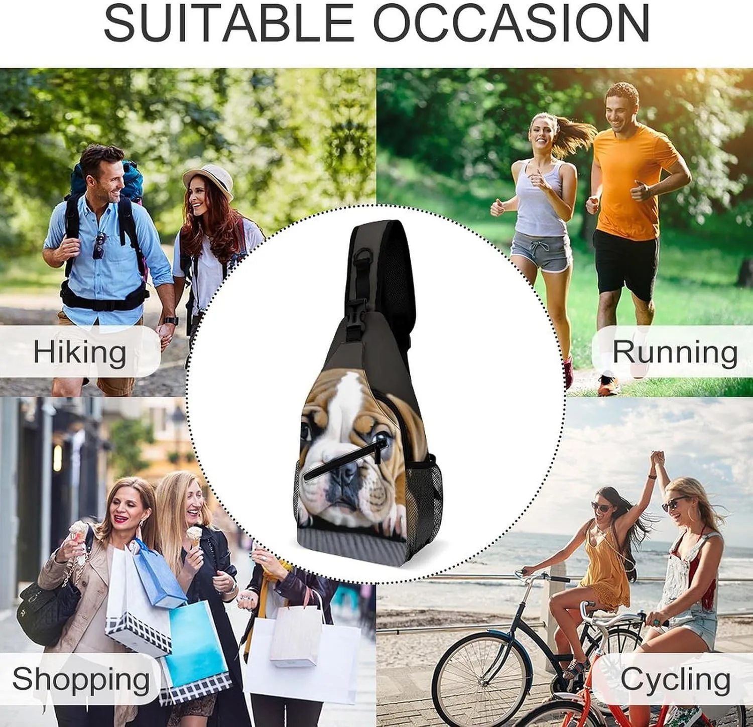 Womens Casual Shoulder Bag English Bulldog Puppy Dog Crossbody Sling Bag Large Capacity Adjustable Gym Chest Bag for Travel Sports Hiking