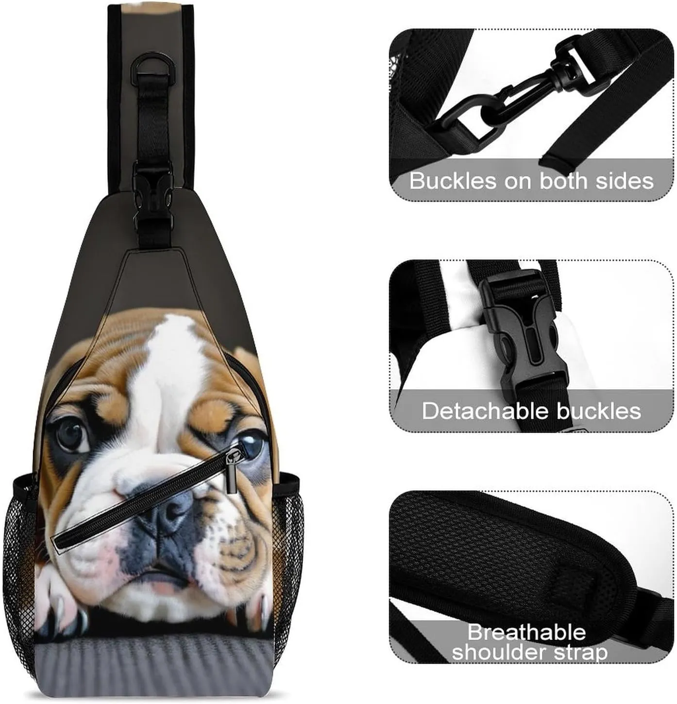 Womens Casual Shoulder Bag English Bulldog Puppy Dog Crossbody Sling Bag Large Capacity Adjustable Gym Chest Bag for Travel Sports Hiking