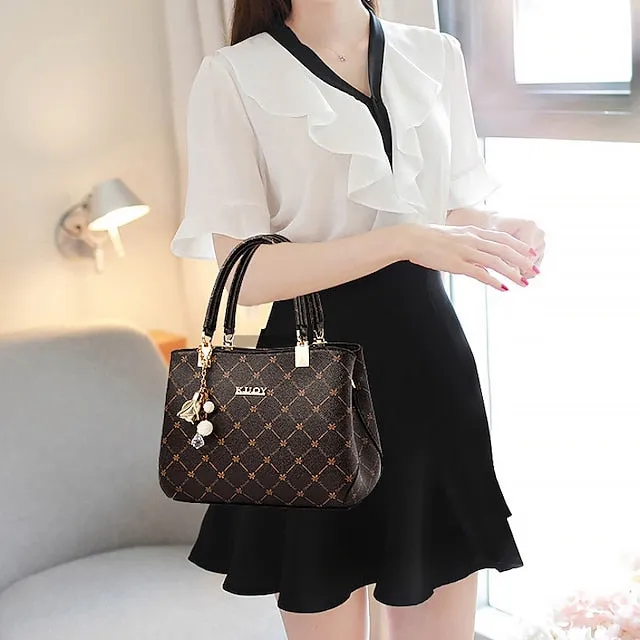 Women's Handbag Crossbody Bag Shoulder Bag Boston Bag PU Leather Office Daily Holiday Pendant Zipper Large Capacity Waterproof Durable Geometric Color Block dark maple leaf with coffee light maple