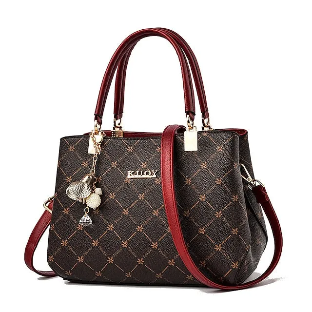 Women's Handbag Crossbody Bag Shoulder Bag Boston Bag PU Leather Office Daily Holiday Pendant Zipper Large Capacity Waterproof Durable Geometric Color Block dark maple leaf with coffee light maple