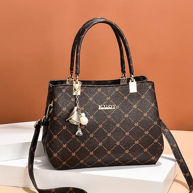 Women's Handbag Crossbody Bag Shoulder Bag Boston Bag PU Leather Office Daily Holiday Pendant Zipper Large Capacity Waterproof Durable Geometric Color Block dark maple leaf with coffee light maple