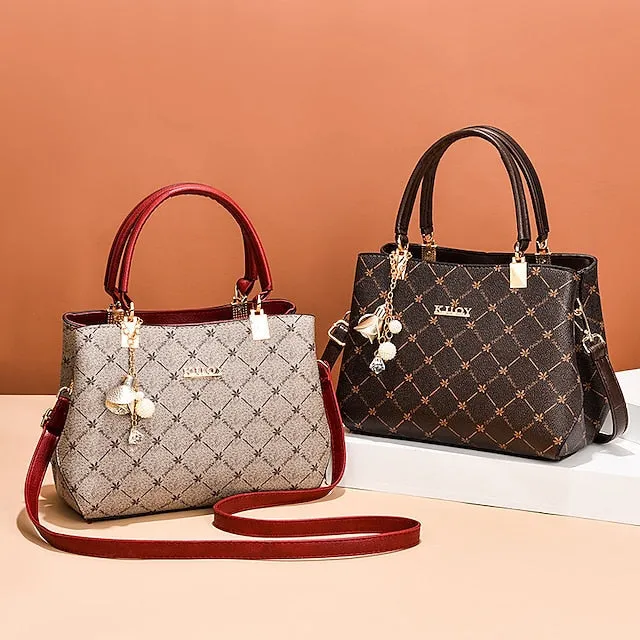 Women's Handbag Crossbody Bag Shoulder Bag Boston Bag PU Leather Office Daily Holiday Pendant Zipper Large Capacity Waterproof Durable Geometric Color Block dark maple leaf with coffee light maple