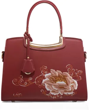 Women's Handbag Puese PU Leather Flower Embroidery Shoulder Bag Chic Crossbody Large Commuter Top Handle Satchel Bag