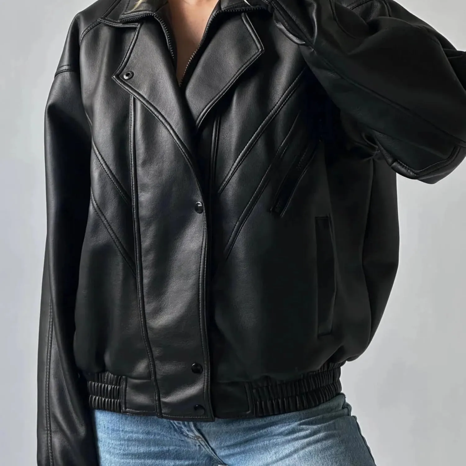 Womens Oversized Leather Jacket with Sleeves Bomber Vintage Long Coat lambskin Leather Blazer Leather Jackets