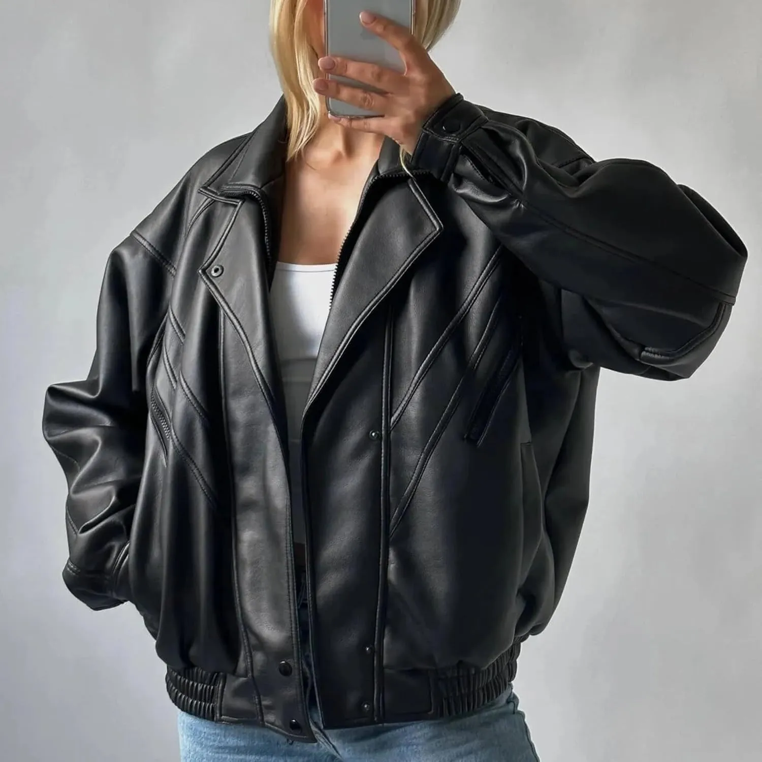 Womens Oversized Leather Jacket with Sleeves Bomber Vintage Long Coat lambskin Leather Blazer Leather Jackets