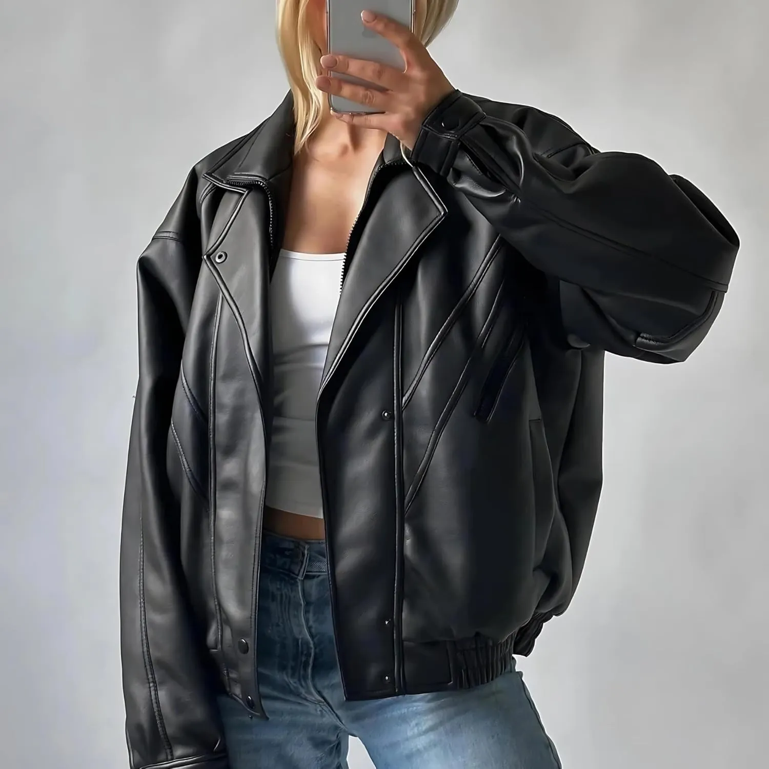Womens Oversized Leather Jacket with Sleeves Bomber Vintage Long Coat lambskin Leather Blazer Leather Jackets