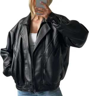 Womens Oversized Leather Jacket with Sleeves Bomber Vintage Long Coat lambskin Leather Blazer Leather Jackets