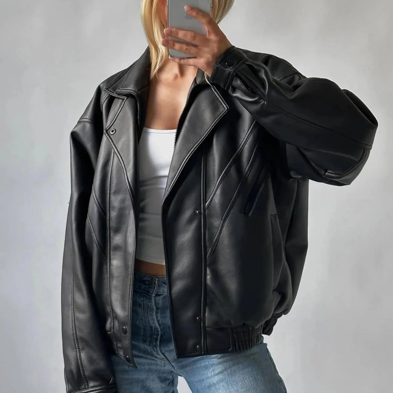 Womens Oversized Leather Jacket with Sleeves Bomber Vintage Long Coat lambskin Leather Blazer Leather Jackets