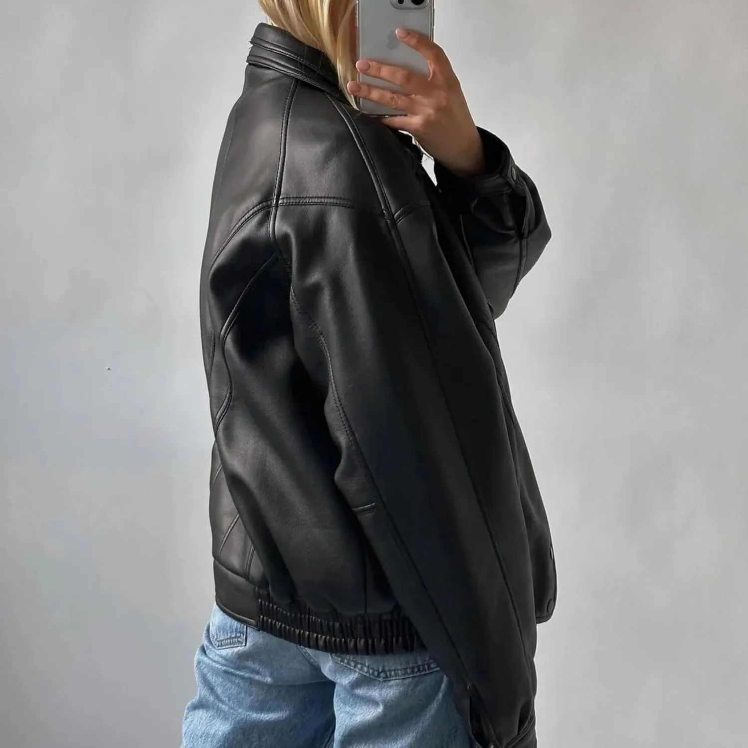 Womens Oversized Leather Jacket with Sleeves Bomber Vintage Long Coat lambskin Leather Blazer Leather Jackets
