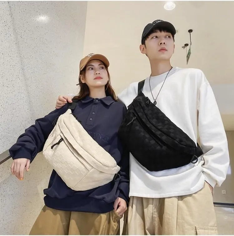Women's Summer Plaid Zipper Belt Bag, Large Capacity Shoulder Messenger Waist Bag, Fashionable for Travel, School, Casual (Black)