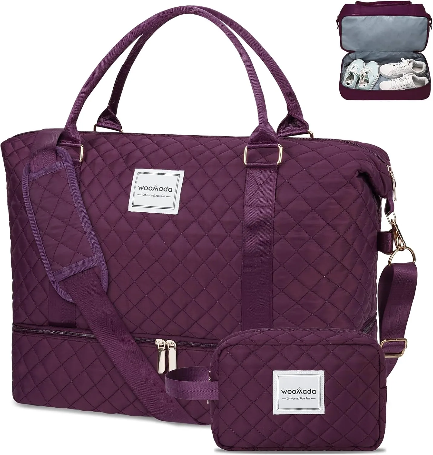 WOOMADA Weekender Bag for Women, Carry on Travel Duffel with Shoes Compartment, Large Size Overnight Bag with Toiletry Bag(purple)