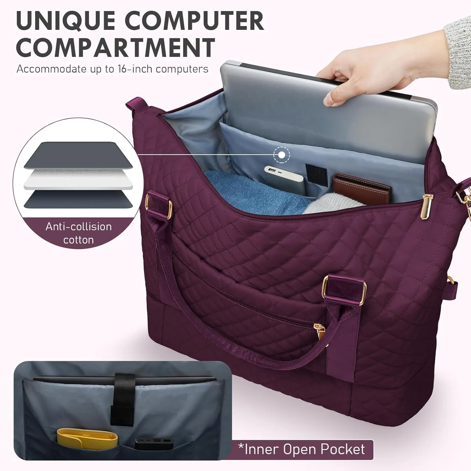 WOOMADA Weekender Bag for Women, Carry on Travel Duffel with Shoes Compartment, Large Size Overnight Bag with Toiletry Bag(purple)