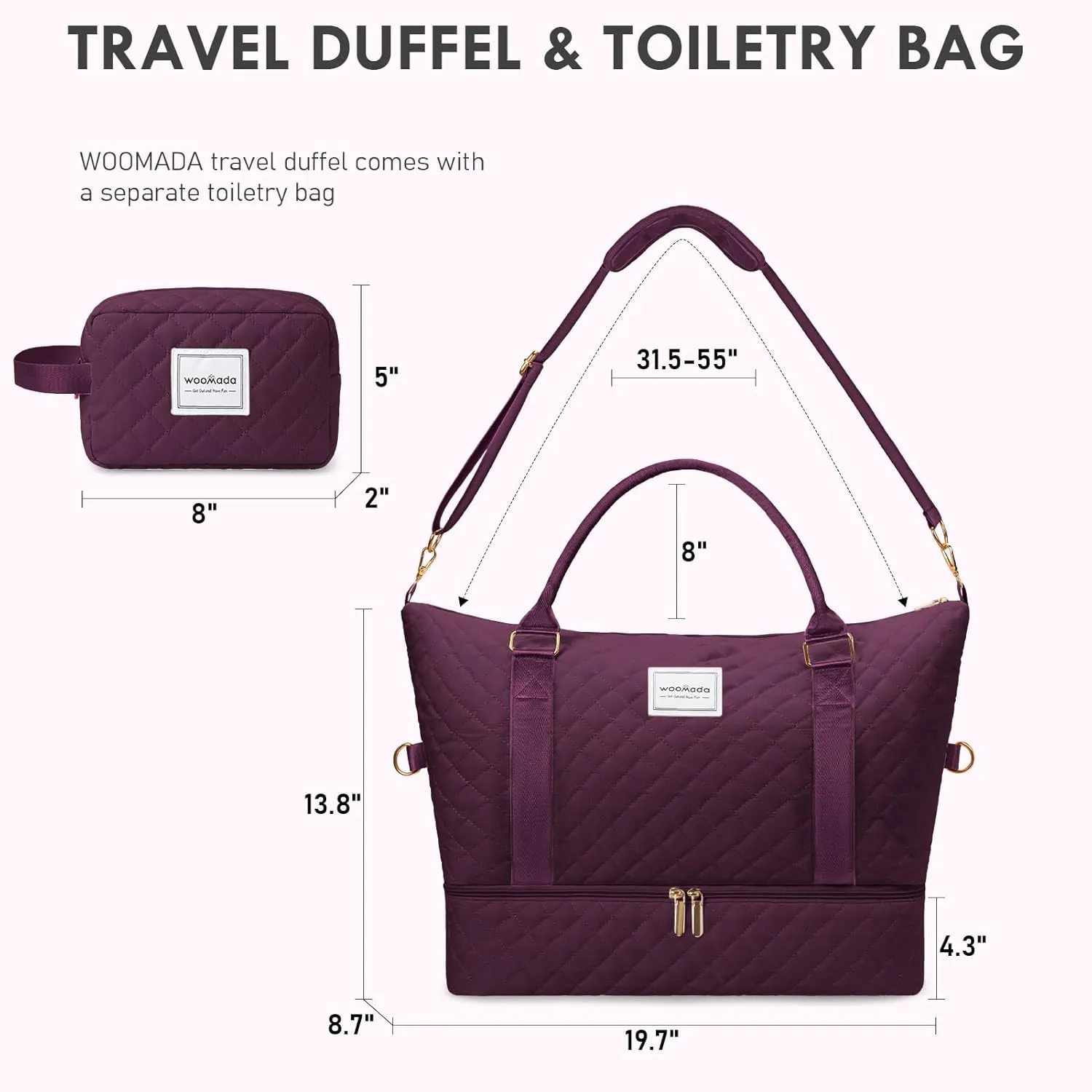 WOOMADA Weekender Bag for Women, Carry on Travel Duffel with Shoes Compartment, Large Size Overnight Bag with Toiletry Bag(purple)
