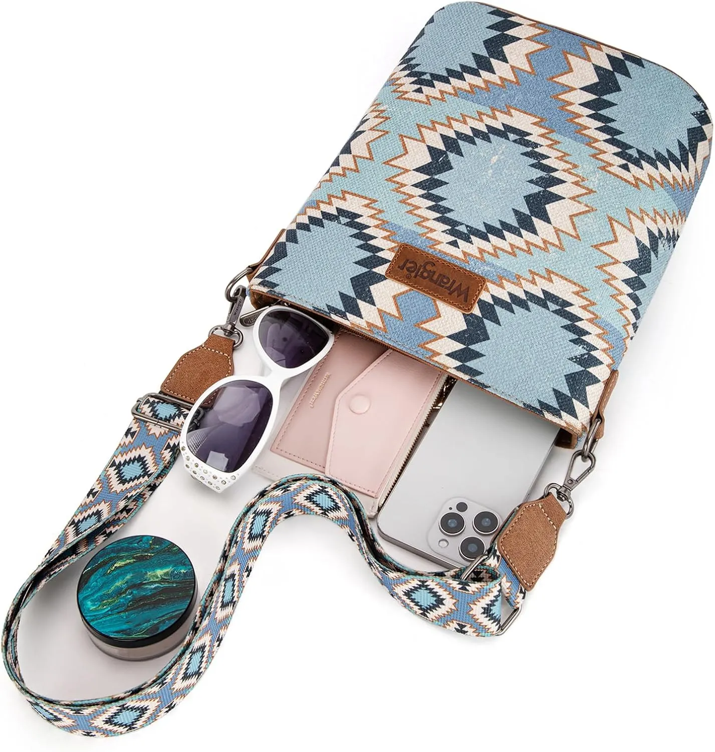 Wrangler Aztec Crossbody Bag for Women Southwestern Print Canvas Shoulder Purse with Distressed Look and Adjustable Strap