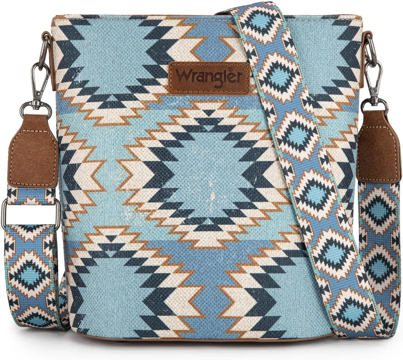 Wrangler Aztec Crossbody Bag for Women Southwestern Print Canvas Shoulder Purse with Distressed Look and Adjustable Strap