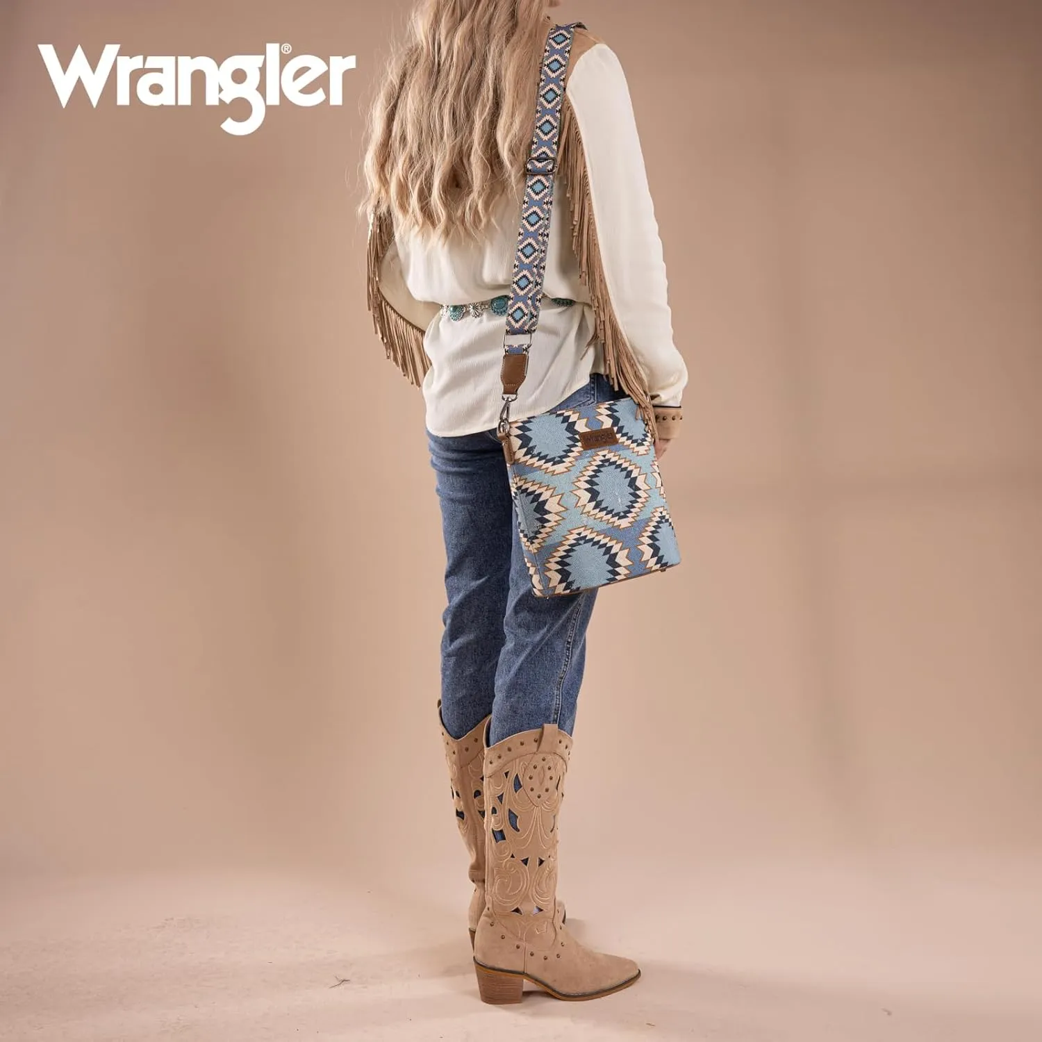 Wrangler Aztec Crossbody Bag for Women Southwestern Print Canvas Shoulder Purse with Distressed Look and Adjustable Strap