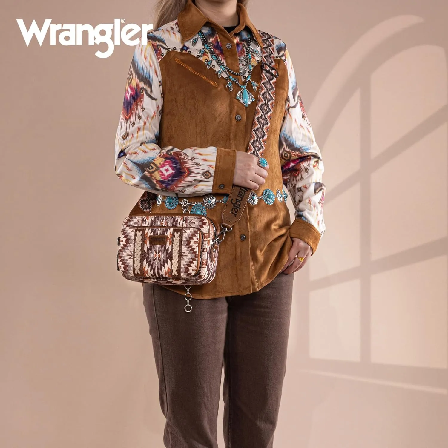 Wrangler Crossbody Bag for Women Boho Aztec Small Multi Pocket Crossover Purse