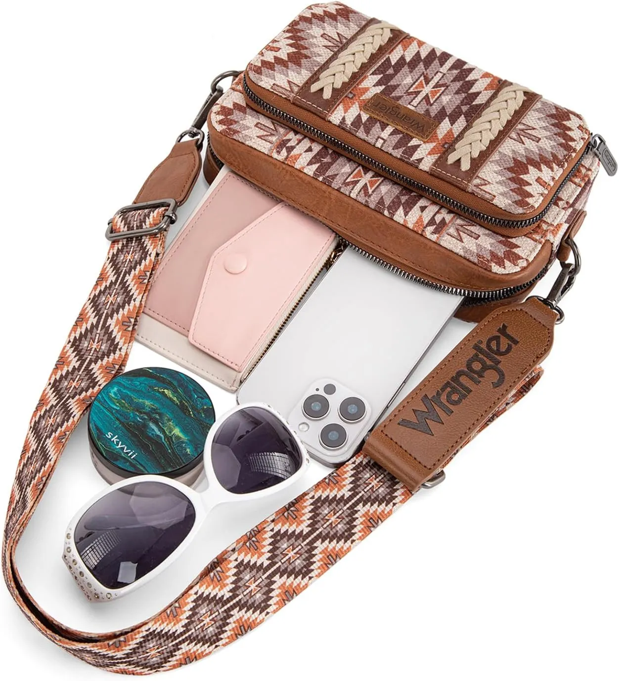 Wrangler Crossbody Bag for Women Boho Aztec Small Multi Pocket Crossover Purse