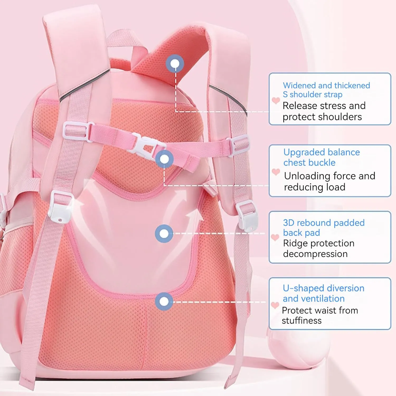 WYCY School Backpacks for Girls Kawaii Backpack Large Capacity Kids School Bag for Girls 6-12 Years Old (Pink)