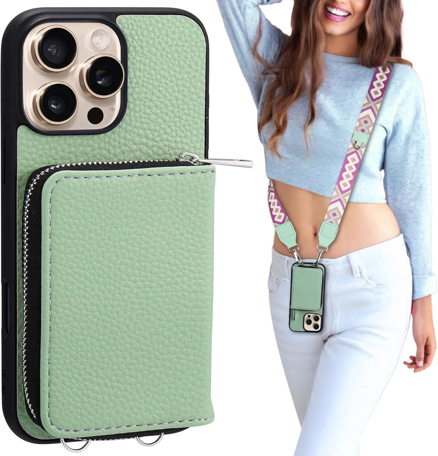 XANGNIER Wallet Case for iPhone 16 Pro Max, RFID Blocking PU Leather Crossbody Phone Purse with Card Holder, Zipper Pocket, Wrist Strap & Adjustable Lanyard for Women 6.9" 5G,Green