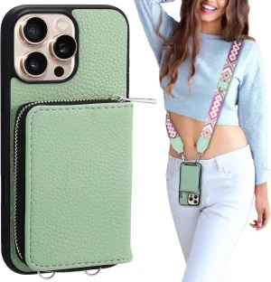 XANGNIER Wallet Case for iPhone 16 Pro Max, RFID Blocking PU Leather Crossbody Phone Purse with Card Holder, Zipper Pocket, Wrist Strap & Adjustable Lanyard for Women 6.9" 5G,Green