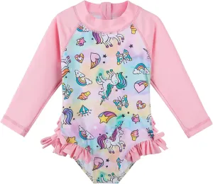 XFGIRLS Baby/Toddler Girls Swimsuit Long Sleeve One-Piece Bathing Suit Rash Guard for Kids UPF 50  Swimwear