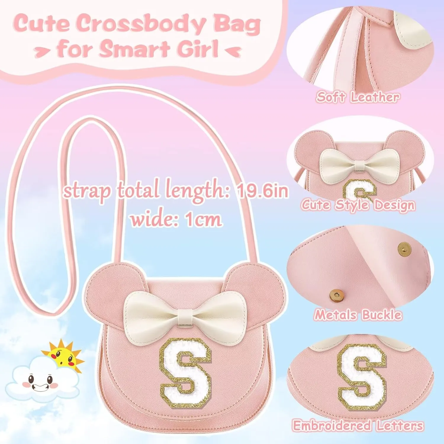 XSUIOY Toddler Purse Girl Wallet for Kids 2-9 Year Old Birthday Gifts,Cute Mouse Ear Bow Crossbody Shoulder Purse,Personalized Initial Purse Toddler Wallet Gifts for Little Girl(pink_S)