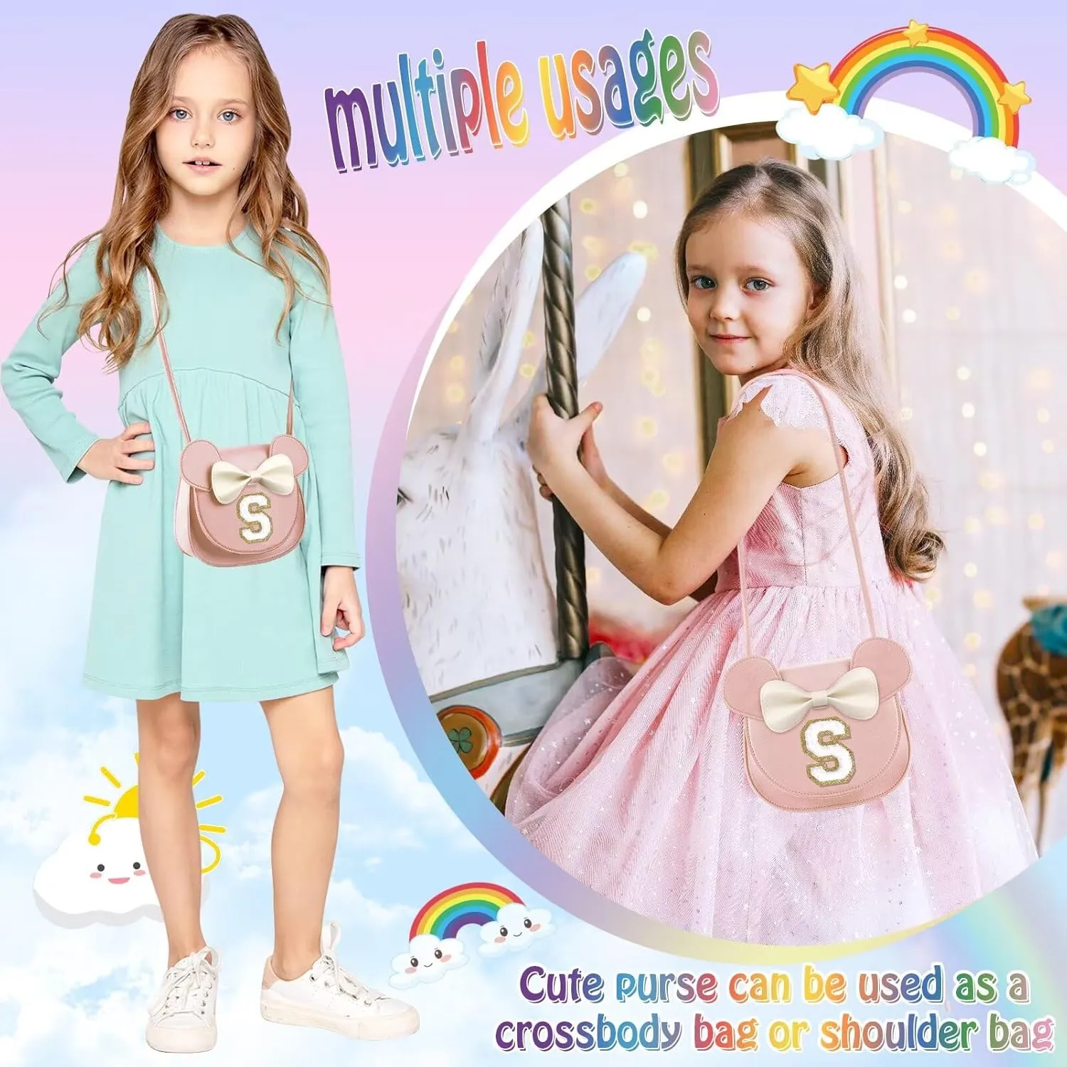 XSUIOY Toddler Purse Girl Wallet for Kids 2-9 Year Old Birthday Gifts,Cute Mouse Ear Bow Crossbody Shoulder Purse,Personalized Initial Purse Toddler Wallet Gifts for Little Girl(pink_S)