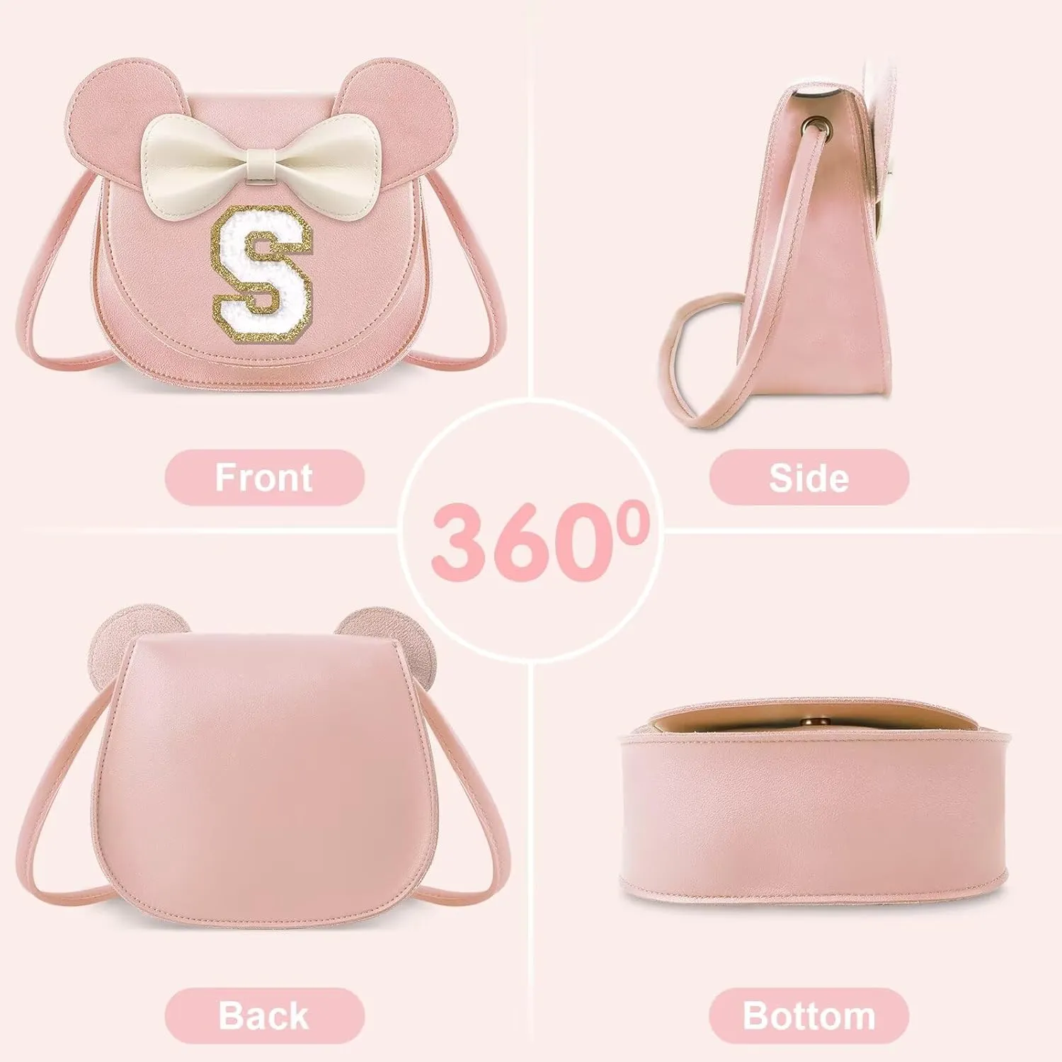 XSUIOY Toddler Purse Girl Wallet for Kids 2-9 Year Old Birthday Gifts,Cute Mouse Ear Bow Crossbody Shoulder Purse,Personalized Initial Purse Toddler Wallet Gifts for Little Girl(pink_S)