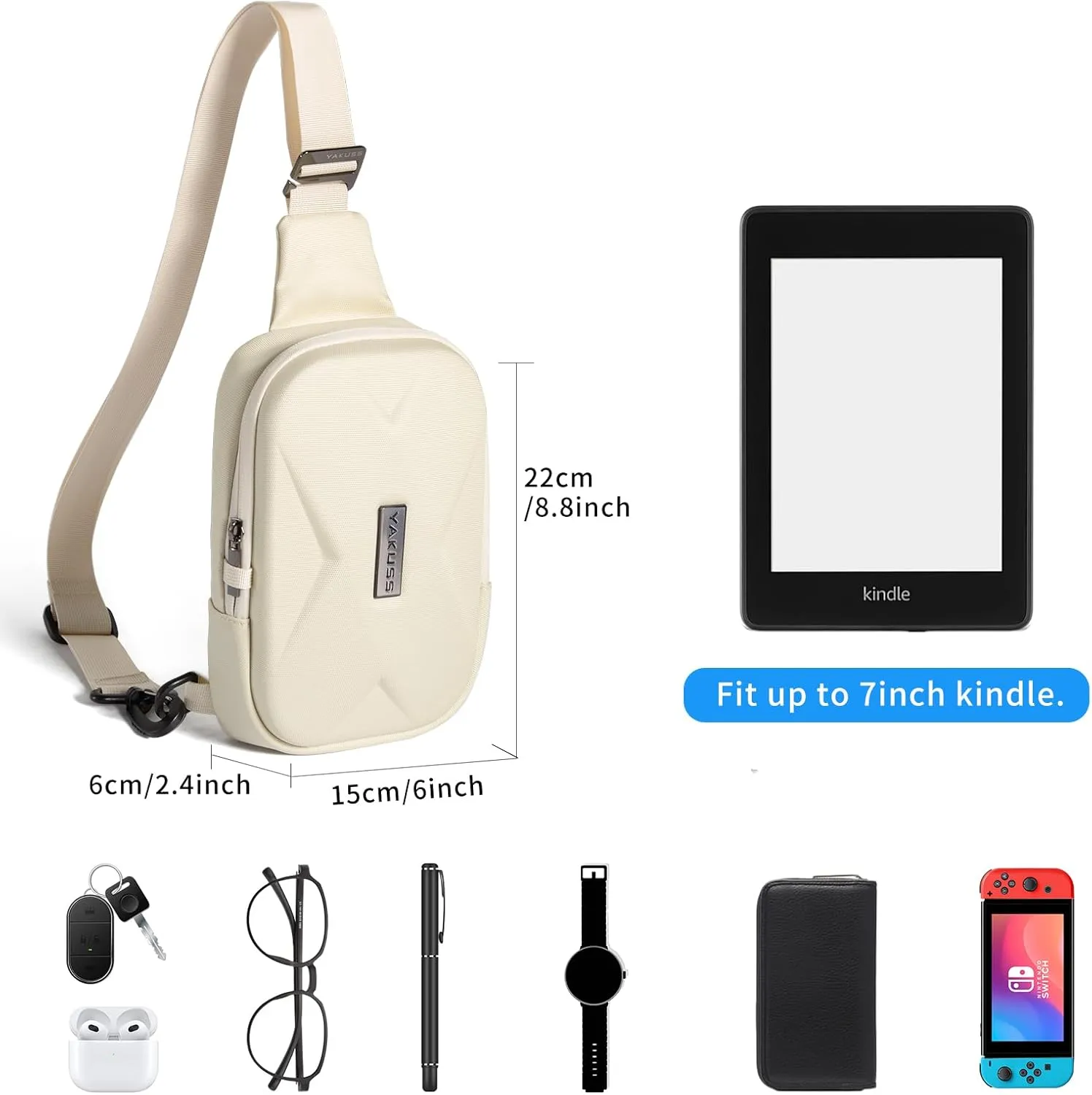 YaKuss Hard Shell Sling Bag, Anti-theft Crossbody Bag for Women Men Lightweight Shoulder Chest Bag Casual Backpack for Travel Daily (Off White)
