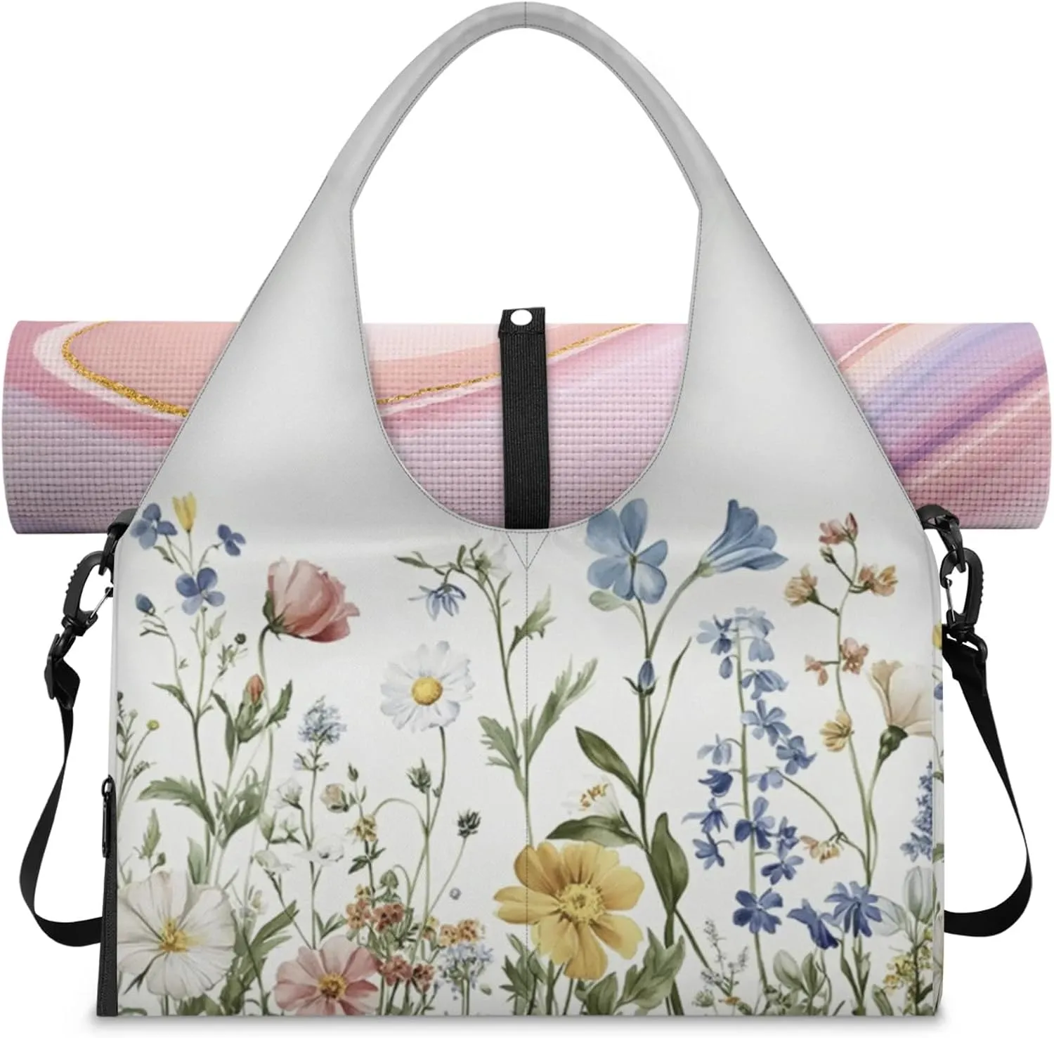 Yoga Gym Bag for Women, Flower Duffel Bag, Sport Bag with Shoe Compartment and Wet Dry Storage Pockets, Carrying Function with Yoga Mat, Suitable for Gym, Travel, Pilates and Beach (White)