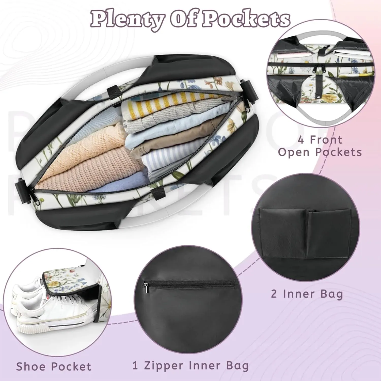 Yoga Gym Bag for Women, Flower Duffel Bag, Sport Bag with Shoe Compartment and Wet Dry Storage Pockets, Carrying Function with Yoga Mat, Suitable for Gym, Travel, Pilates and Beach (White)