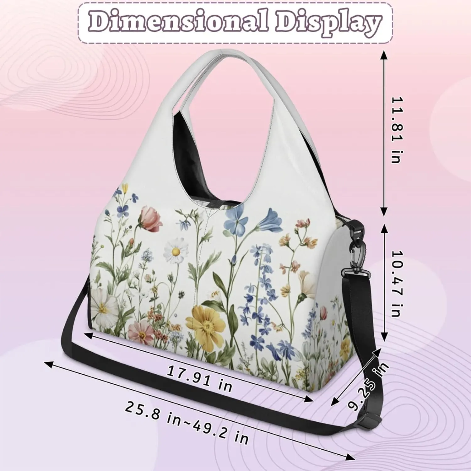 Yoga Gym Bag for Women, Flower Duffel Bag, Sport Bag with Shoe Compartment and Wet Dry Storage Pockets, Carrying Function with Yoga Mat, Suitable for Gym, Travel, Pilates and Beach (White)