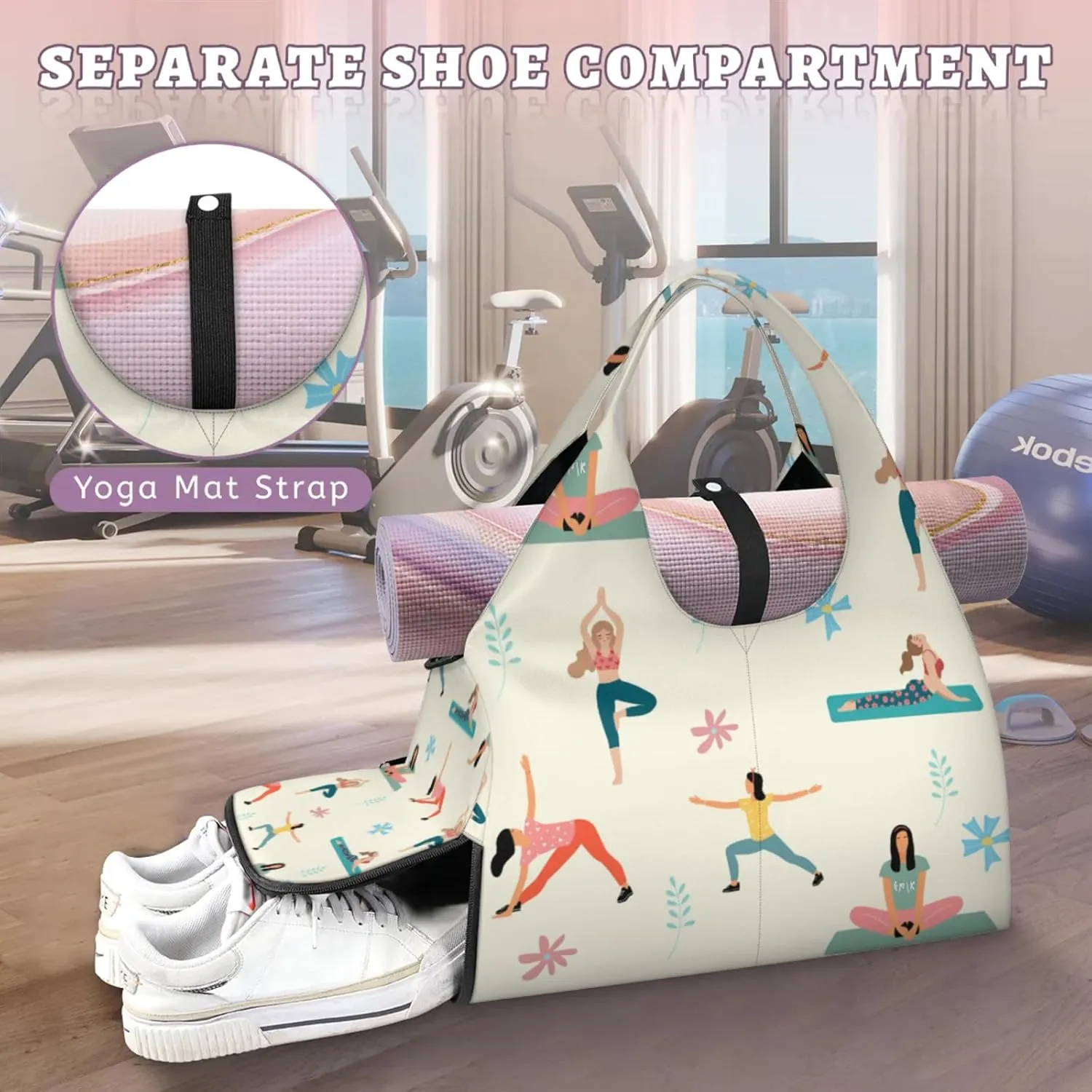 Yoga Gym Bag for Women, Gymnastics Duffel Bag, Sport Bag with Shoe Compartment and Wet Dry Storage Pockets, Carrying Function with Yoga Mat, Suitable for Gym, Travel, Pilates and Beach (Beige)