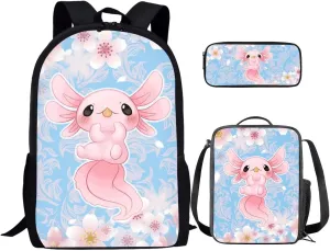 Ystardream Axolotl Backpack for Girls Kids Elementary Backpack with Lunch Box Kindergarten Student School Bag 3-in-1 Bookbag Set with Pencil Case for Teen Girls Boys Schoolbag Preschool Bookbag