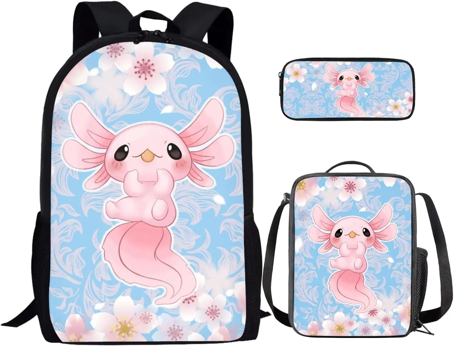 Ystardream Axolotl Backpack for Girls Kids Elementary Backpack with Lunch Box Kindergarten Student School Bag 3-in-1 Bookbag Set with Pencil Case for Teen Girls Boys Schoolbag Preschool Bookbag