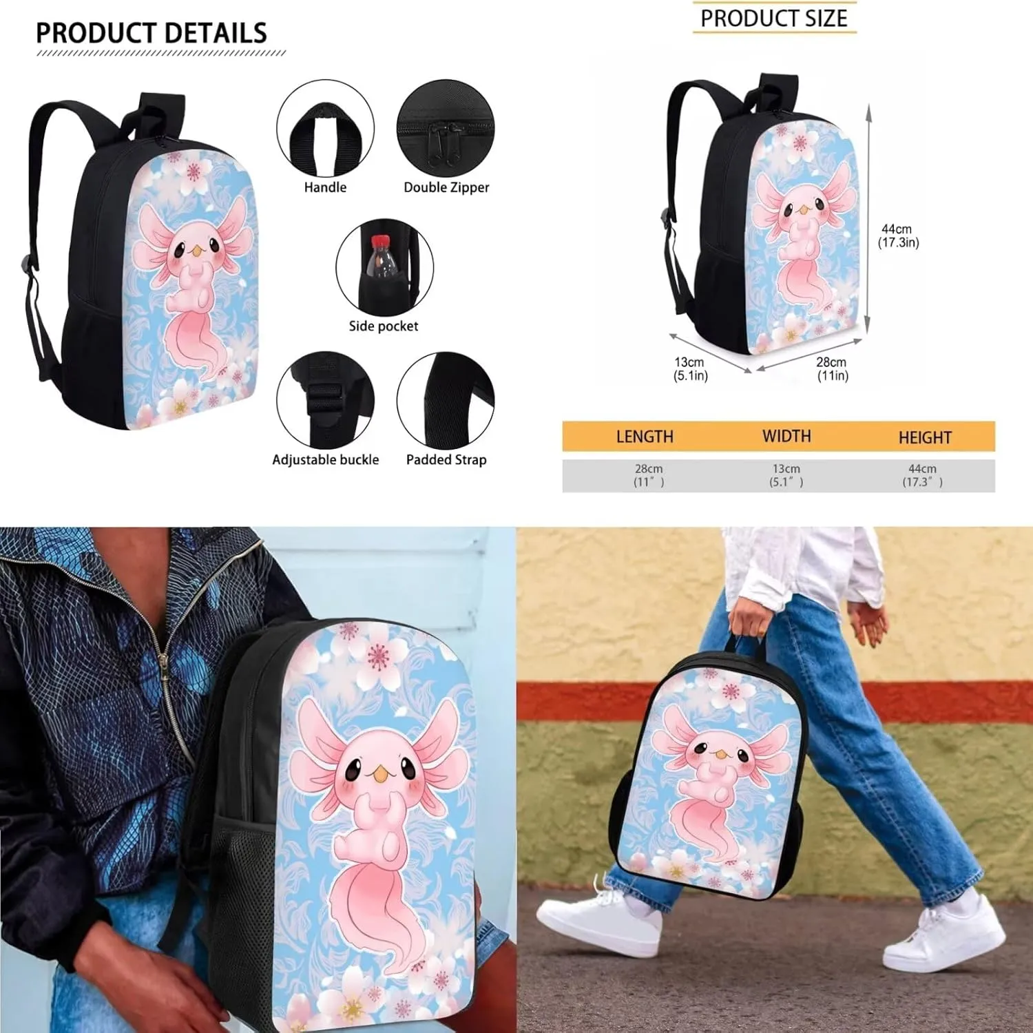 Ystardream Axolotl Backpack for Girls Kids Elementary Backpack with Lunch Box Kindergarten Student School Bag 3-in-1 Bookbag Set with Pencil Case for Teen Girls Boys Schoolbag Preschool Bookbag