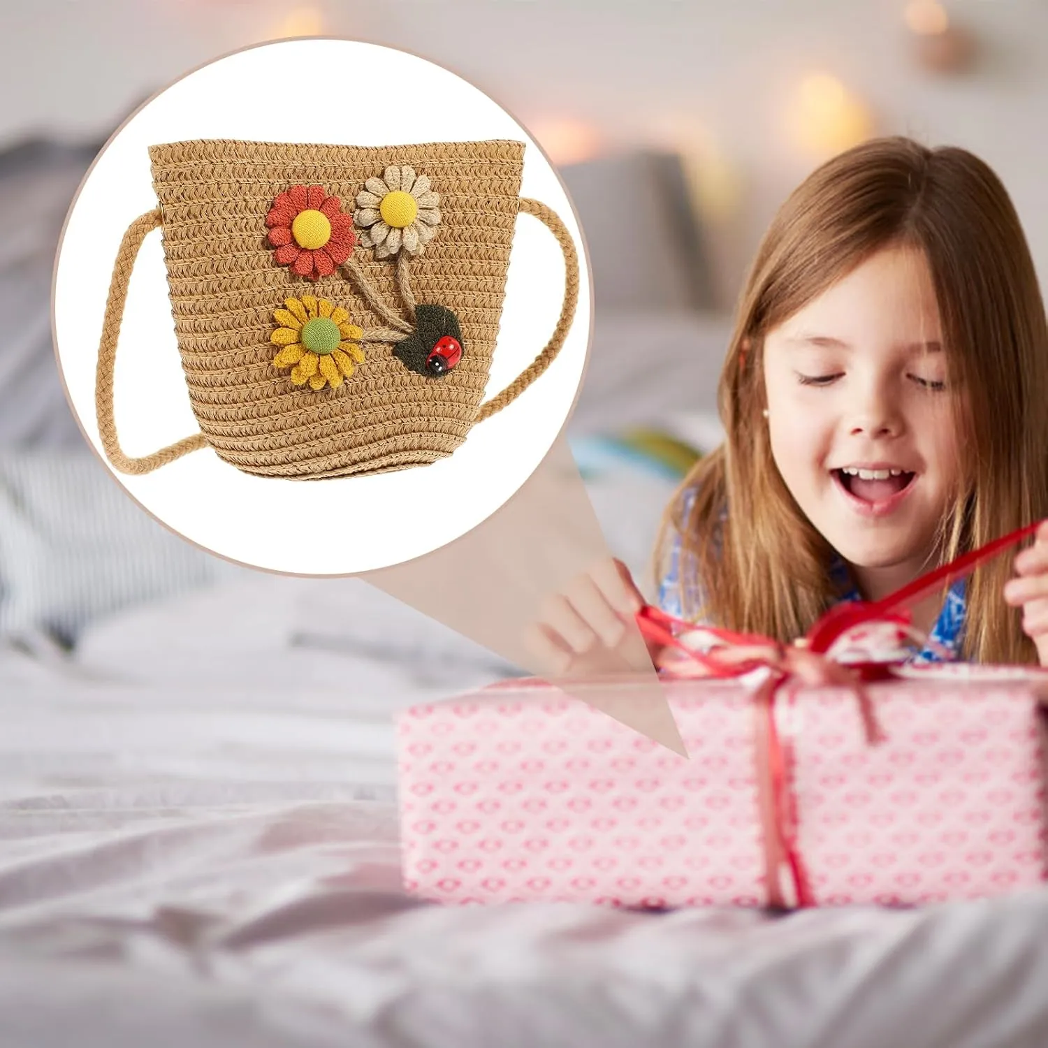 Zerodeko 2pcs Straw Children's Satchel Baby Decor Summer Crossbody Mini Purse Sunflower Gift Bag Purse for
