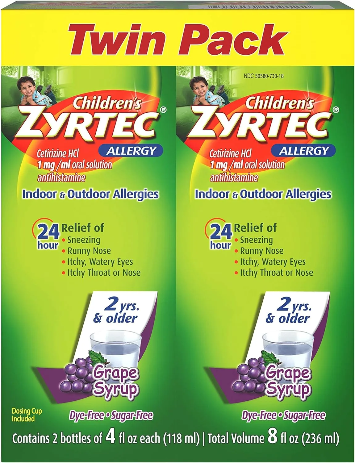 Zyrtec 24 Hr Children's Allergy Syrup with Cetirizine, Sugar-Free Grape, Twin Pack of 4 fl. oz