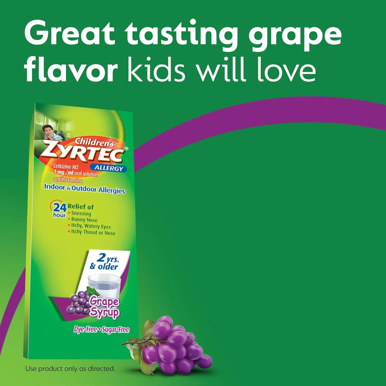 Zyrtec Children's 24 Hour Allergy Relief Syrup, 5 mg Cetirizine Hydrochloride Antihistamine, Kids Allergy Medicine for Indoor & Outdoor Allergy Relief, Dye- & Sugar-Free, Grape, 8 fl. oz