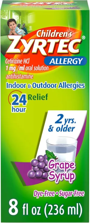 Zyrtec Children's 24 Hour Allergy Relief Syrup, 5 mg Cetirizine Hydrochloride Antihistamine, Kids Allergy Medicine for Indoor & Outdoor Allergy Relief, Dye- & Sugar-Free, Grape, 8 fl. oz